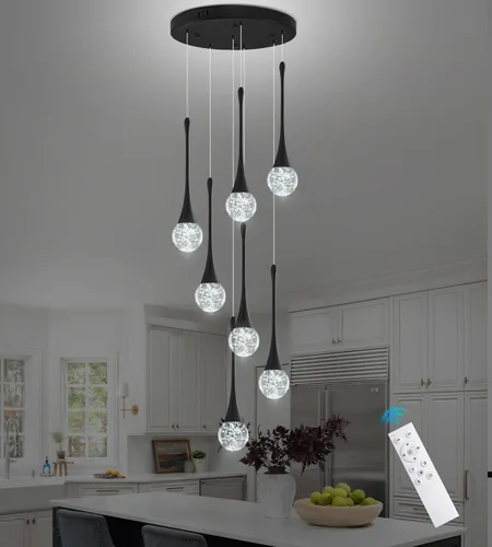 Miniatura 14 de Moderno candelabro de cristal de 7 luces, color negro, H60 pulgadas, techo alto, espiral, regulable, LED, burbuja, gota de lluvia, lámpara