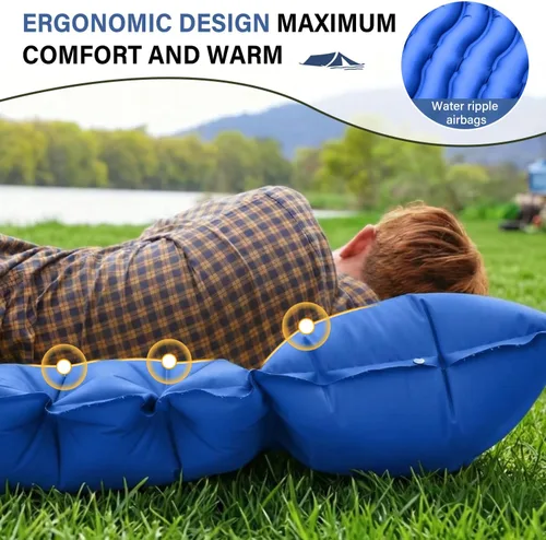 Miniatura 3 de FUN PAC Almohadilla de dormir para acampar con almohada Bomba de pie incorporada Esterilla de dormir inflable compacta para acampar mochilero Azul