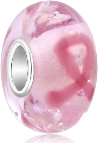 CharmSStory Cuentas de plata de ley para concientización sobre el cáncer de mama con cinta rosa de cristal de Murano para pulseras, Plata esterlina