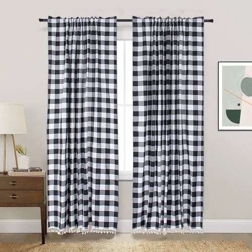 ShinyBeauty Cortinas de cocina a cuadros negros de búfalo 2 paneles de cortinas opacas con borlas y bolsillo para barra, cortinas opacas de 63