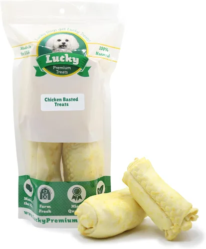Lucky Premium Treats Chicken Basted Rawhide Stubbys - Golosinas naturales de cuero crudo y pollo para perros, golosinas grandes de primera calidad