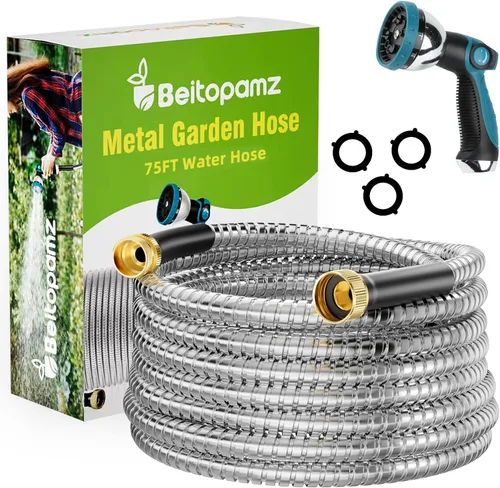 Beitopamz Manguera de jardín de 75 pies, manguera de agua de metal de acero inoxidable de 75 pies con boquilla, flexible, a prueba de óxido, sin