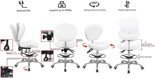Miniatura 4 de Kaleurrier Taburete de dibujo de altura ajustable con respaldo y reposapiés, taburetes giratorios giratorios para estudio de trabajo, oficina, Blanco