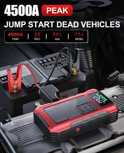 Miniatura 2 de Arrancador de coche de 4500 A con compresor de aire, cargador de batería portátil de 12 V, paquete de energía con inflador de neumáticos de 150 PSI