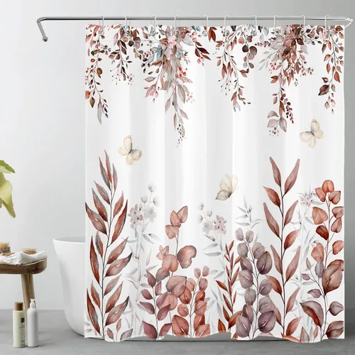 Miniatura 20 de LB Cortina de ducha de hojas de otoño, cortina de baño de hojas de eucalipto y mariposas, cortina de baño de plantas de otoño con gancho, 72 x 72