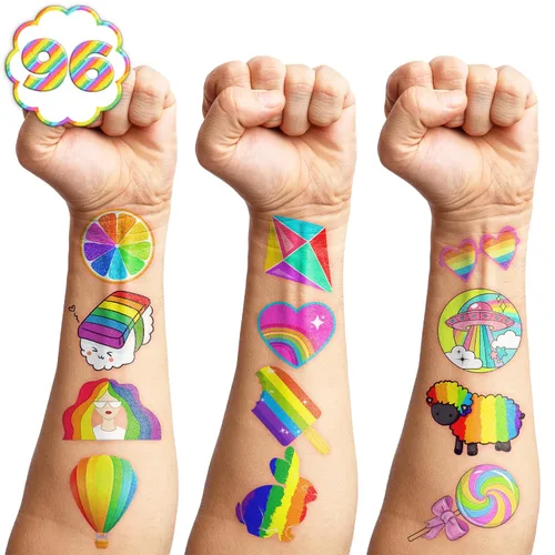 Miniatura 7 de 100 tatuajes temporales coloridos para niños y adultos, calcomanías falsas de neón arco iris, recuerdos de fiesta de cumpleaños