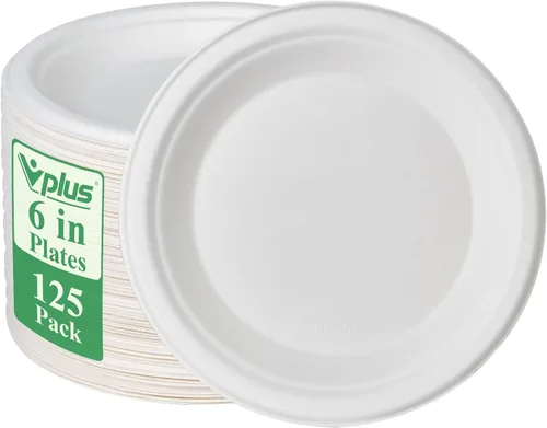 Vplus Paquete de 125 platos de papel de 6 pulgadas, 100% compostables, platos de papel desechables de alta resistencia, bagazo, natural, 6 in Blanco