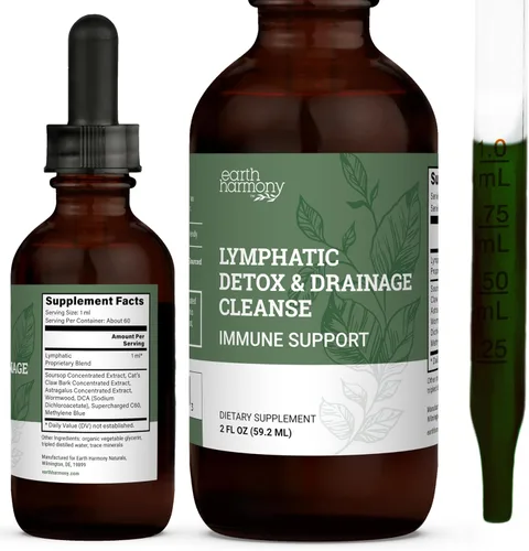 Earth Harmony Gotas de Drenaje Linfático, Desintoxicación Linfática - Suplemento con Guanábana, Corteza de Uña de Gato, Astrágalo, Ajenjo,