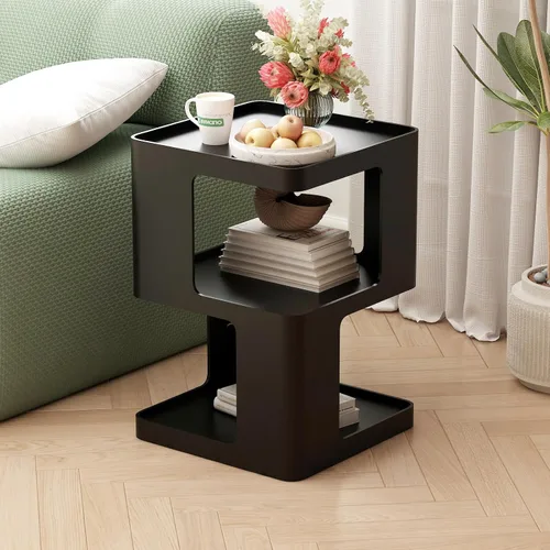 Miniatura 10 de Mesa auxiliar moderna negra, mesas auxiliares pequeñas de 2 niveles, mesas auxiliares de metal, sala de estar con 4 patas, mesita de noche negra