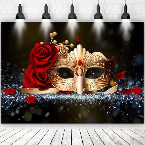Telón de fondo para fiesta de máscaras, máscara dorada, rosa roja, telón de fondo para fiesta, Mardi Gras, eventos, baile, fondo fotográfico,