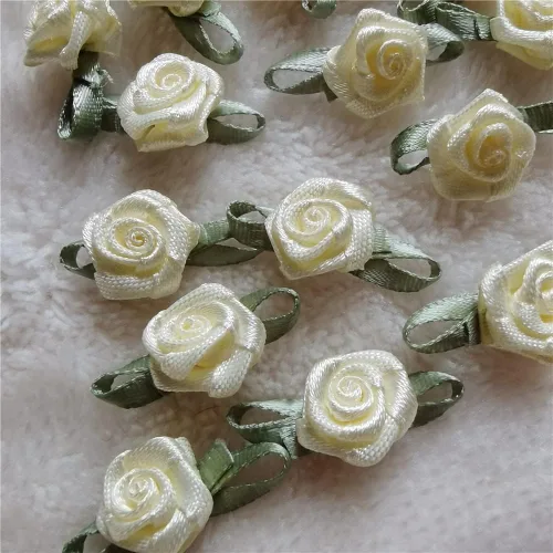 Miniatura 5 de 100 unids/lote de mini rosas hechas a mano con cinta de raso artificial para decoración de bodas, accesorios de costura (albaricoque)