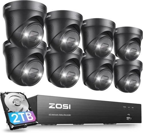 ZOSI Sistema de cámara de seguridad 4K PoE con detección de vehículos personales, 8 puertos 16CH 8MP NVR con disco duro de 2 TB, 8 cámaras IP PoE 4K