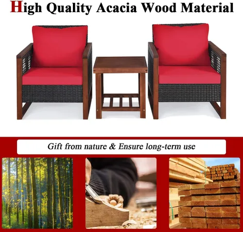 Miniatura 8 de Tangkula Juego de muebles de mimbre de 3 piezas, juego de sofá de ratán para exteriores con cojín lavable y mesa de centro de madera de acacia, Rojo