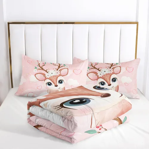 Miniatura 5 de AILONEN Bonito juego de edredón tamaño individual, lindo juego de ropa de cama de ciervo rosa para niños y niñas, juego de edredón Kawaii de ciervos