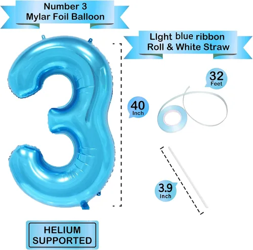 Miniatura 3 de Globo azul con el número 3, 40 pulgadas, Mylar premium, reutilizable, para decoración de fiesta de cumpleaños