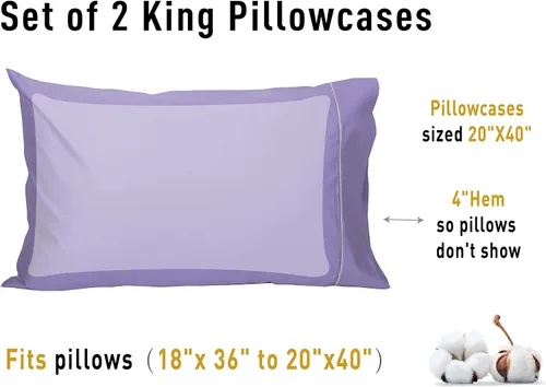 Miniatura 7 de Sunflower Juego de 2 fundas de almohada King 100% algodón, 20 x 40 pulgadas con ribete plateado, suaves y transpirables, color morado sólido