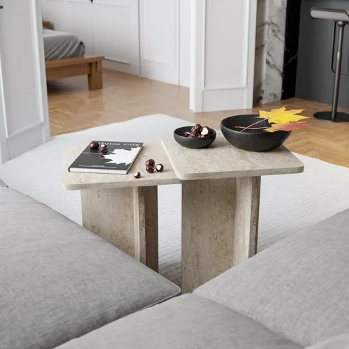 Miniatura 7 de Travertine Efect - Juego de 2 mesas auxiliares modernas, mesa auxiliar pequeña para sala de estar