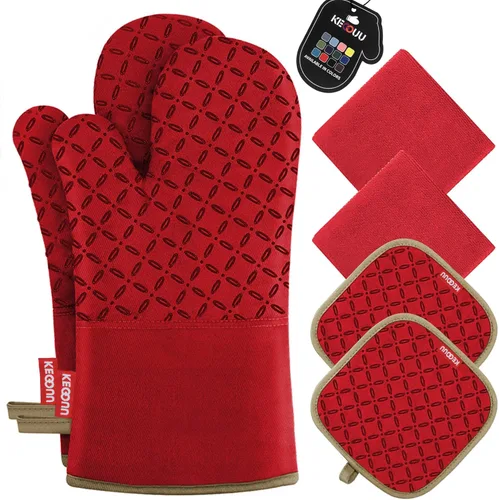 Miniatura 11 de KEGOUU Juego de 6 manoplas para horno y soportes para ollas, guantes para horno de cocina, resistentes al calor, 500 grados, extra largos
