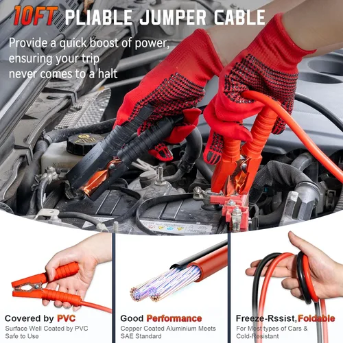 Miniatura 4 de Kit de emergencia en carretera para vehículos, kit de primeros auxilios de emergencia con compresor de aire portátil, cables de puente resistentes