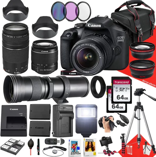 Canon EOS 2000D / Rebel T7 Cámara DSLR con Canon EF-S 0.709-2.165 in F/3.5-5.6 DC III Zoom, EF 2.953-11.811 in f/4-5.6 III y 16.535-31.496 in f/8.3