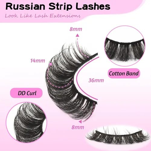 Miniatura 3 de Losha Pestañas postizas rusas rizadas DD a las que les gustan las extensiones de pestañas, paquete de 10 pares de pestañas postizas suaves (D03)