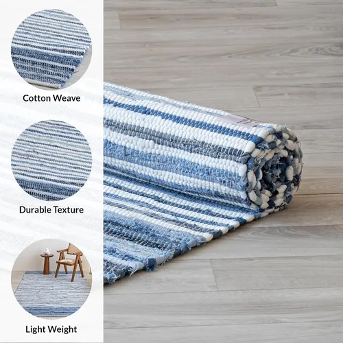 Miniatura 3 de HOMEMONDE Alfombra de trapo de mezclilla de 20"x32" azul de algodón suave reciclado Chindi hecha a mano reversible alfombras bohemio para entrada