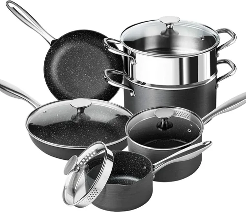 MICHELANGELO Juego de utensilios de cocina anodizados duros, juego de 10 ollas y sartenes antiadherentes con interior de granito, juego de