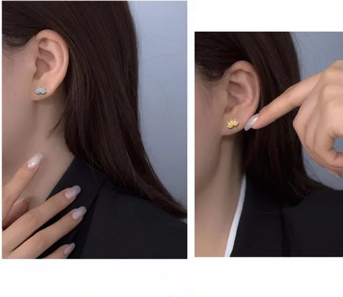 Miniatura 5 de Aretes de plata de ley 925 con diseño de loto para mujer, hipoalergénicos, minimalistas