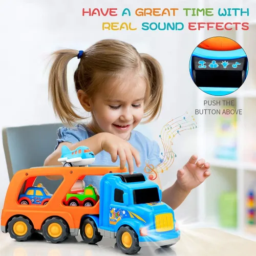 Miniatura 5 de Forty4 Paquete de 9 autos de juguetes para niños y niñas de 2, 3, 4, 5 años, camión de transporte grande con 8 pequeños camiones de tracción