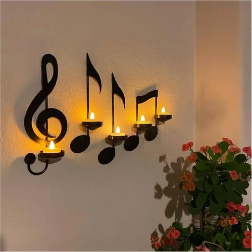 Miniatura 5 de Juego de candelabros de notas musicales 4P negros montados en la pared con bandejas plegables para velas de té, arte decorativo de pared para sala