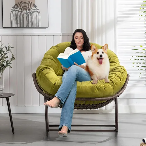 Miniatura 3 de HOMEFUN Juego de 2 mecedoras para patio al aire libre, sillas Papasan Rock de gran tamaño para interiores con cojín acolchado, asiento de huevo
