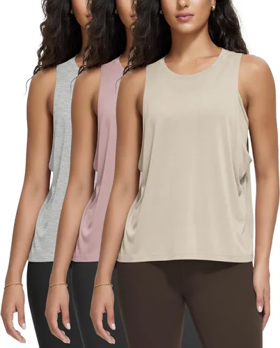 Miniatura 18 de ODODOS Paquete de 3 camisetas sin mangas sueltas para mujer, camisetas sin mangas para gimnasio, atletismo, entrenamiento, camisetas de yoga