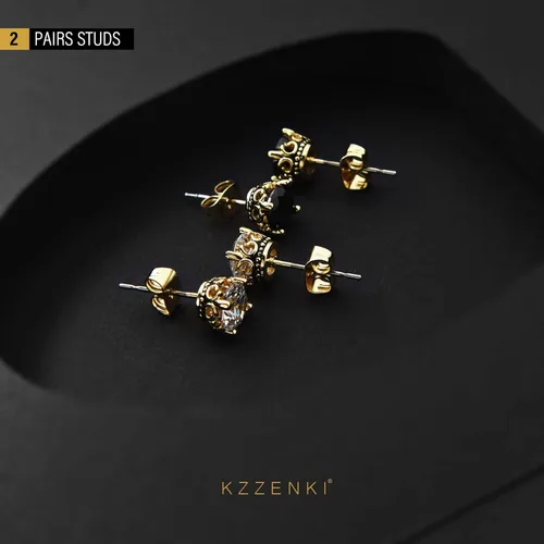 Miniatura 6 de Aretes negros y dorados para hombres y mujeres, con corona retro, hipoalergénicos, de acero inoxidable, con circonita cúbica