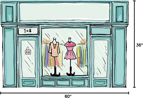 Miniatura 7 de Telón de fondo de tienda de ropa de dibujos animados de 5 x 3 pies, tema verde, centro comercial, mercancía, ventana, zapatos, joyería, fotografía