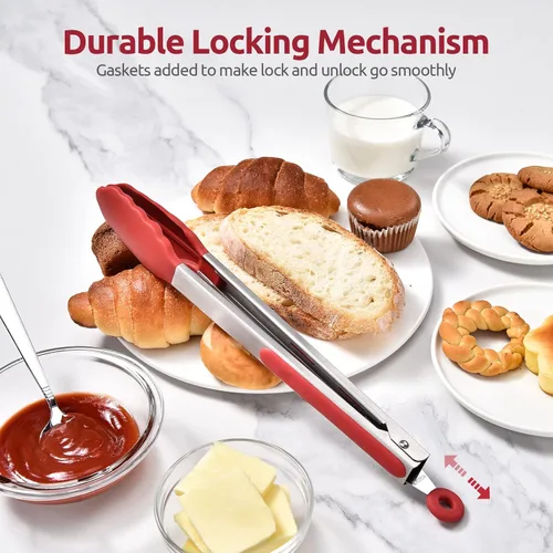Miniatura 7 de Pinzas de cocina resistentes al calor de 600ºF: U-Taste de 12 pulgadas, pinza grande de silicona para cocina con puntas de goma antiadherente Rojo