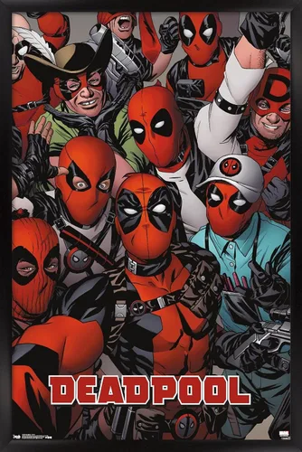 Miniatura 8 de Marvel Comics Deadpool - Póster de pared con caras, 22.4 pulgadas de largo x 14.7 pulgadas de ancho, versión enmarcada de madera de granero