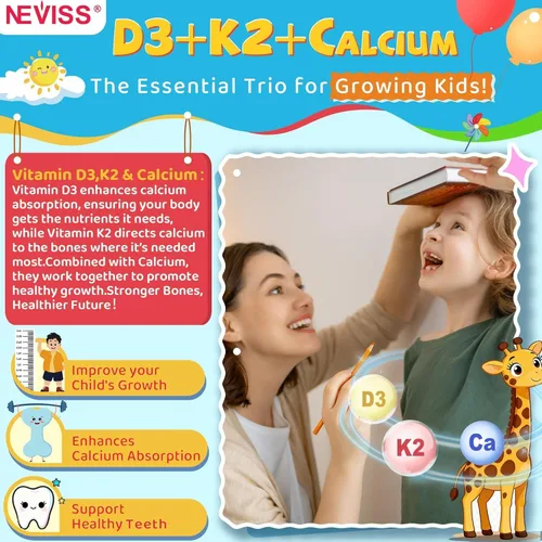 Miniatura 3 de Gomas de vitamina D3 K2 para niños + calcio, magnesio, zinc, fósforo, vitamina C, suplemento multivitamínico para niños D3 y K2 para la salud ósea