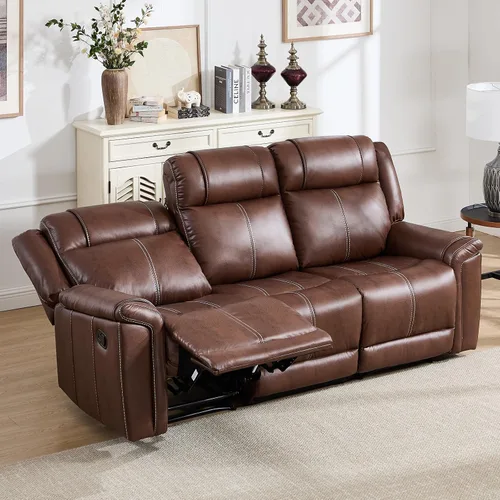 Miniatura 6 de EBELLO Sofá reclinable de cuero sintético de 3 plazas, sofá reclinable manual, silla de 3 asientos de estilo moderno de mediados de siglo con Marrón