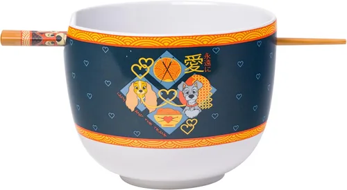Silver Buffalo Disney Lady and the Tramp Eating Noodles Chinese Love - Cuenco de ramen de cerámica con palillos, apto para microondas, 20 onzas