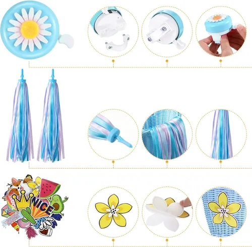 Miniatura 5 de Set de serpentinas para cesta de bicicleta para niños, cesta de mimbre para manillar de bicicleta con serpentinas de bicicleta coloridas, campana