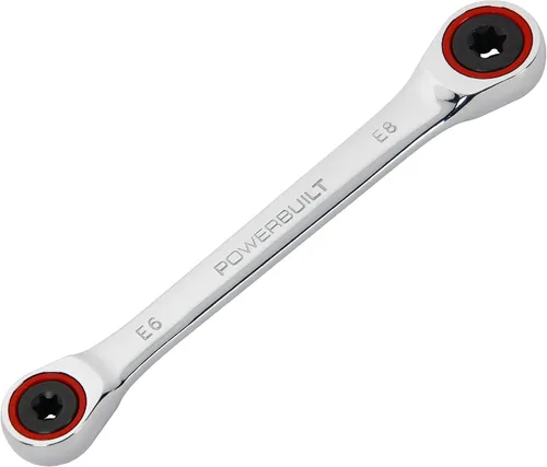 Powerbuilt Llave E-Star E6/E8 de doble extremo de caja de trinquete, oscilación de 5 grados, 72 dientes, anillo de color rojo, herramienta de mano