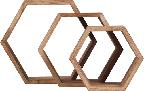Miniatura 8 de PHOENANCEE Estantes flotantes hexagonales, estante de panal de abeja, estantes de almacenamiento octágonos de madera rústica montados en la pared