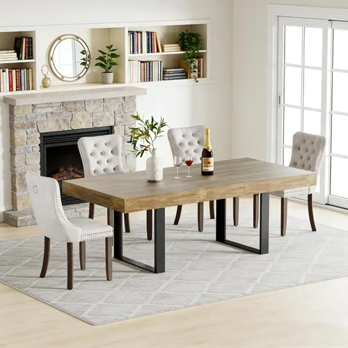 Juego de mesa de comedor extensible de 5 piezas para 4, mesa de cocina de madera marrón de 63-78.7 pulgadas con 4 sillas acolchadas beige, juego de