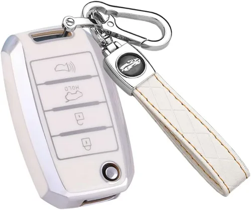 Miniatura 7 de ontto Funda para llavero de 3 botones con llavero compatible con Kia Flip Remote Key Holder para Rio Soul Forte Optima Carens Beige, Beige (3 btn))