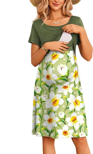 Ekouaer Vestido de lactancia para mujer, vestido de verano de manga corta, retazos, maternidad, lactancia, hasta la rodilla