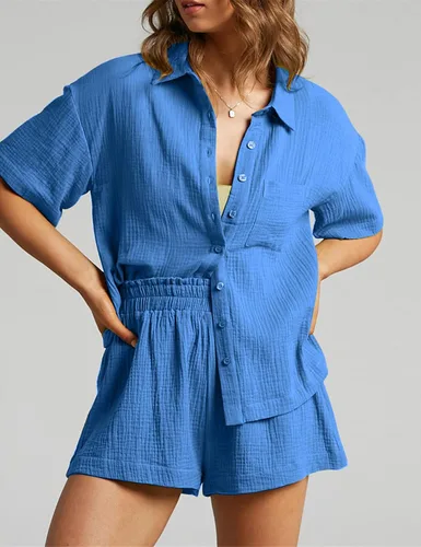 Miniatura 2 de Rousytn Conjunto de 2 piezas para mujer, conjunto de ropa deportiva de algodón y lino, conjunto a juego de camisa y pantalones cortos con botones