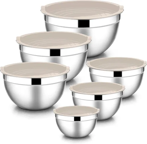 Miniatura 21 de E-far Tazones para mezclar con tapas, juego de 6 piezas de tazones para ensalada de acero inoxidable, tazones de metal anidables para hornear, Azul