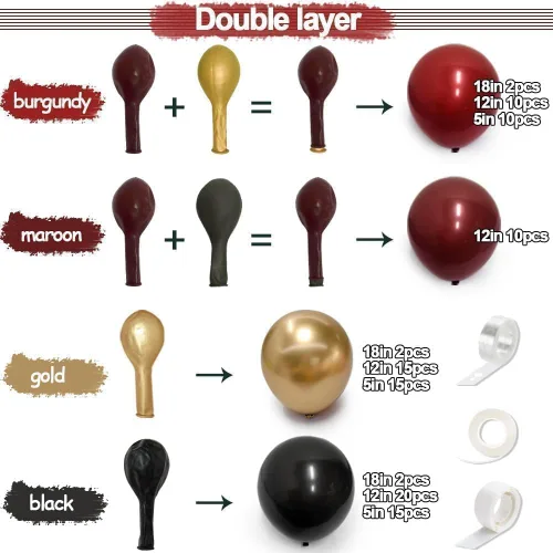 Miniatura 3 de Guirnalda de globos de color burdeos y negro con doble relleno, color rojo oscuro, dorado, granate y negro, kit de arco de globos para cumpleaños