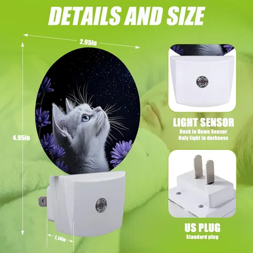 Miniatura 2 de Luz nocturna de gato blanco, flores moradas enchufables con sensor de atardecer a amanecer para dormitorio, baño y sala de estar, lámpara apta