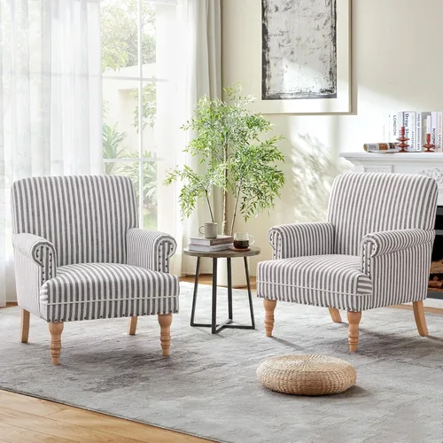 Miniatura 14 de HUIMO Silla decorativa de tela de lino, sillón moderno de mediados de siglo con patas de madera maciza, sillón individual, silla tapizada para club
